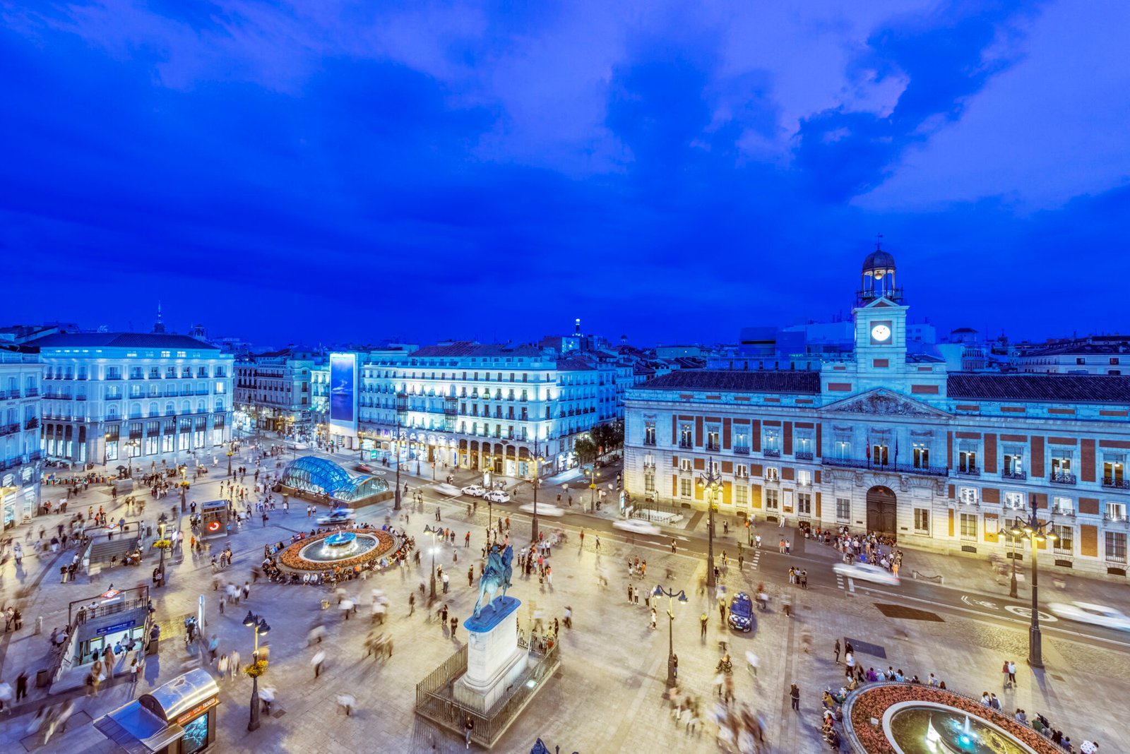 Ornate buildings illuminated at night, Madrid, Madrid, Spain